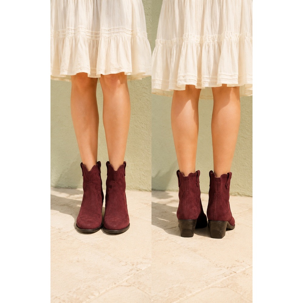 Western Boho Dark Red Burgundy Suede Ankle Round Toe Stacked Heel 8.5 Boots